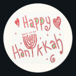 Happy Hannukah Ronde Sticker<br><div class="desc">Dit fantastische Happy Hannukah-ontwerp bevat een menorah in plaats van de "U" in het woord, Hannukah. Deze spelling is de meest algemeen aanvaarde spelling in het Engels geworden, dus zelfs als je het gewoonlijk Hanuka of Chanukah spelt, kun je niet verkeerd gaan met deze spelling. De rode kleur maakt het...</div>