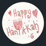 Happy Hannukah Ronde Sticker<br><div class="desc">Dit fantastische Happy Hannukah-ontwerp bevat een menorah in plaats van de "U" in het woord, Hannukah. Deze spelling is de meest algemeen aanvaarde spelling in het Engels geworden, dus zelfs als je het gewoonlijk Hanuka of Chanukah spelt, kun je niet verkeerd gaan met deze spelling. De rode kleur maakt het...</div>