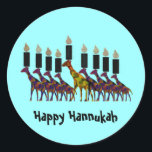 Happy Hannukah Stickers<br><div class="desc">Grafische illustratie van kleurrijke Hannukah menorah met giraffen dierlijke kunst ontwerp. Stuur een bericht naar vrienden en familie op deze vakantie.</div>