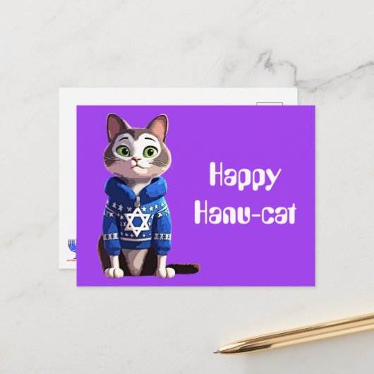 Happy Hanu-Cat | Kat in Chanoeka Sweater Briefkaart (Voorkant / Achterkant in situ)