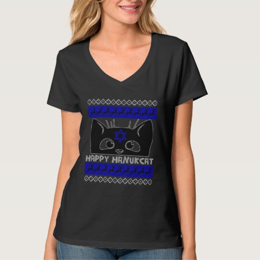 Happy Hanucat Cat Menorah Hanukkah Jewish T-shirt (Voorkant)