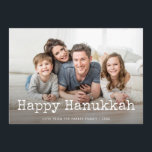 Happy Hanuka | Typewriter Text and Photo Feestdagenkaart<br><div class="desc">Simpel This and sweet Hanukkah card features your own personal foto across the front,  along with the words "Happy Hanukkah" in vintage white typewriter text,  and a spot to personalize as you wish. The back features a dark,  navy blue color.</div>