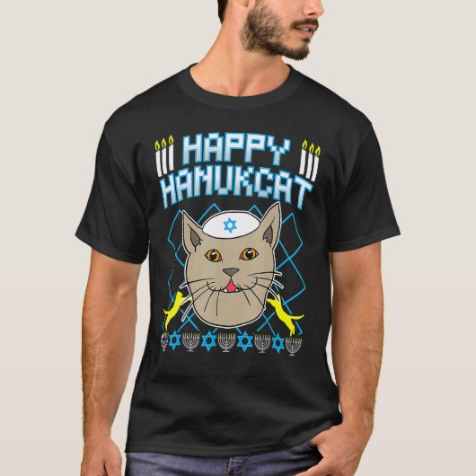 Happy Hanukcat Jewish Cat Ugly Christmas Sweater T-shirt (Voorkant)
