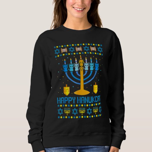Happy Hanukcat Ugly Hanukkah Cat Chanukah Jewish U Trui (Voorkant)
