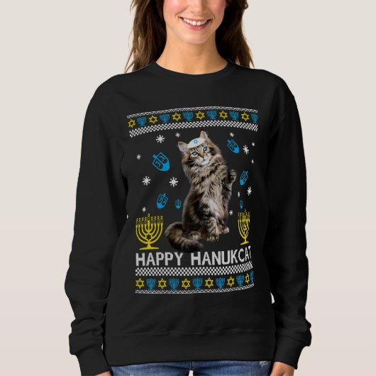 Happy Hanukcat Ugly Hanukkah Sweater Maine Coon Ca (Voorkant)