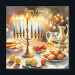 Happy Hanukkah<br><div class="desc">Hanukkah waterverf illustratie. Een prachtig ingerichte tafel voor een feestelijke viering, met een traditionele menora met aangestoken kaarsen. Zacht, warm licht, terwijl vakantiedecoraties een vleugje vrolijkheid toevoegen. Warme lichten creëren een gezellige, uitnodigende sfeer.</div>