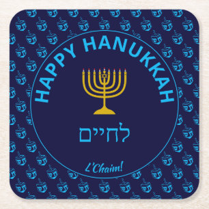 Happy Hanukkah ל י י L'Chaim Blue Dreidel Kartonnen Onderzetters