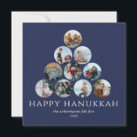 Happy Hanukkah 10 Photo Square Blue White Kaart<br><div class="desc">Kan je niet slechts één of twee van je favoriete familiefoto's kiezen? Deze grote 5, 25-inch x 5, 25-inch flat-panelserkaartjes bieden plaatsaanduidingen voor 10 van uw favoriete foto's,  familienaam en jaar. De foto's zijn allemaal rond in vorm. De groet "Happy Hanukkah" is wit op een blauw marineklein.</div>