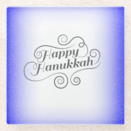 Happy Hanukkah 2-tone blauw witte achtergrond Glazen Onderzetter