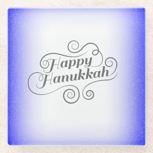 Happy Hanukkah 2-tone blauw witte achtergrond Glazen Onderzetter (Voorkant)