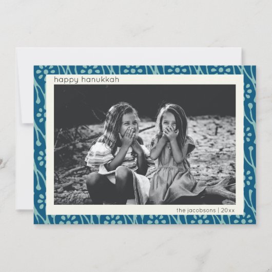 Happy Hanukkah Aangepaste foto Blauw Floral Boho Feestdagenkaart (Voorkant)