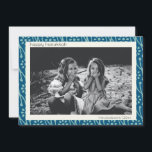 Happy Hanukkah Aangepaste foto Blauw Floral Boho Feestdagenkaart<br><div class="desc">Boho botanische bloemen patroon in blauwgroen blauw en wit voor Hanukkah,  gepersonaliseerd met jouw naam en foto.</div>