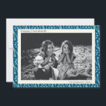 Happy Hanukkah Aangepaste foto Blauw Floral Boho Feestdagenkaart<br><div class="desc">Boho botanische bloemen patroon in blauwgroen blauw en wit voor Hanukkah,  gepersonaliseerd met jouw naam en foto.</div>