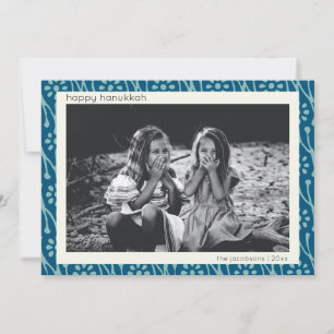 Happy Hanukkah Aangepaste foto Blauw Floral Boho Feestdagenkaart