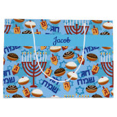 Happy Hanukkah Add Name Blue Dreidel Menorah Groot Cadeauzakje (Achterkant)