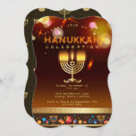 Happy Hanukkah Beauful Jewish Holiday Kaart<br><div class="desc">Happy Chanoeka Party Invitation Mooie joodse vakantie Kaart. Joodse vakantie Chanoeka achtergrond met traditionele Chanuka decoratieve symbolen - houten dreidels (spinning top), donuts, hanukkiah menorah, kaarsen, ster van David en gloeiende lichten wallpaper gouden patroon. Chanoeka Festival van lichten Evenement Decoratie. Jeruzalem, Israël. Uitnodigingen & Briefpapier > Uitnodigingen & Mededelingen Ontwerp...</div>