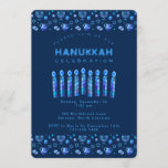 Happy Hanukkah Beauful Jewish Holiday Kaart<br><div class="desc">Happy Chanoeka Party Invitation Mooie joodse vakantie Kaart. Joodse vakantie Chanoeka achtergrond met traditionele Chanuka decoratieve symbolen - houten dreidels (spinning top), donuts, hanukkiah menorah, kaarsen, ster van David en gloeiende lichten behang marineblauw patroon. Chanoeka Festival van lichten Evenement Decoratie. Jeruzalem, Israël. Uitnodigingen & Briefpapier > Uitnodigingen & Mededelingen Ontwerp...</div>