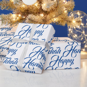 Happy Hanukkah blauw en wit Joods elegant script Cadeaupapier