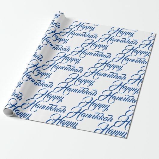 Happy Hanukkah blauw en wit Joods elegant script Cadeaupapier (Uitgerold)