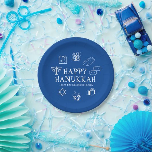 Happy Hanukkah blauw en witte aangepaste familiena Papieren Bordje (Feest)