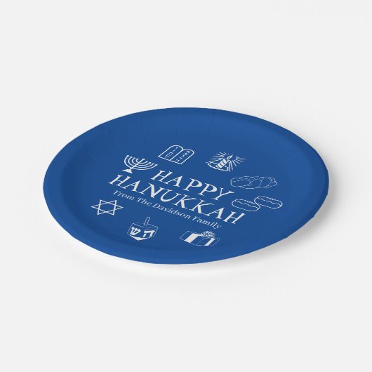 Happy Hanukkah blauw en witte aangepaste familiena Papieren Bordje (Gekanteld)