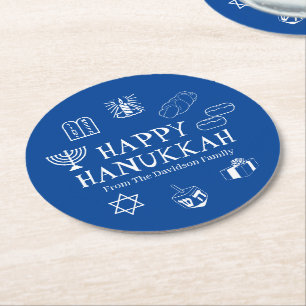 Happy Hanukkah blauw en witte aangepaste familiena Ronde Kartonnen Onderzetter