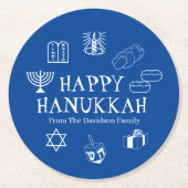 Happy Hanukkah blauw en witte aangepaste familiena Ronde Kartonnen Onderzetter (Voorkant)