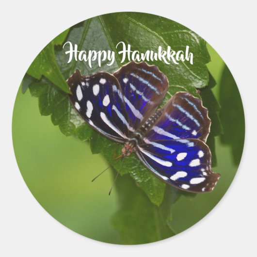 Happy Hanukkah blauw en witte vlinder Ronde Sticker (Voorkant)