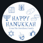 Happy Hanukkah blauw wit cadeautje met de naam Ronde Sticker<br><div class="desc">Happy Chanoeka,  pas familienaam cadeau gunst stickers Happy Chanoeka,  Happy Chanoeka,  Chanoeka Sameach!,  Chag Sameach!,  Chag Urim Sameach! Blauw-wit</div>