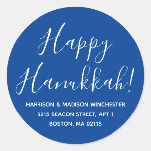 Happy Hanukkah blauw wit script return address Ronde Sticker