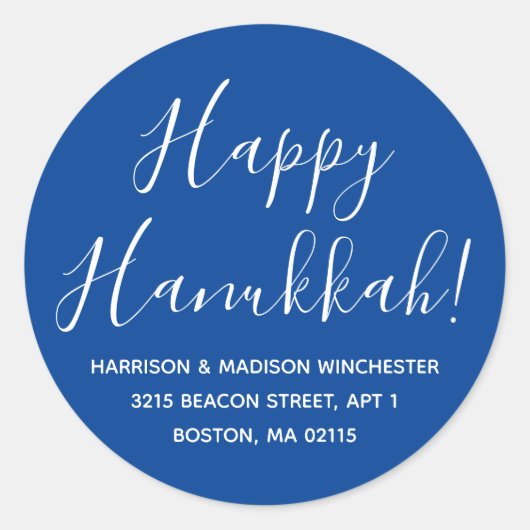 Happy Hanukkah blauw wit script return address Ronde Sticker (Voorkant)