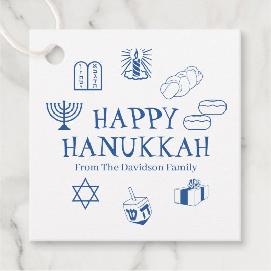 Happy Hanukkah blauw witte aangepaste familienaam Bedankjes Labels (Voorkant)