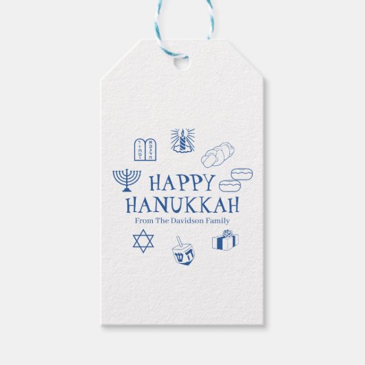 Happy Hanukkah blauw witte aangepaste familienaam Cadeaulabel (Voorkant)