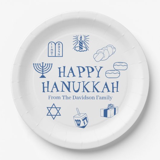 Happy Hanukkah blauw witte aangepaste familienaam Papieren Bordje (Voorkant)