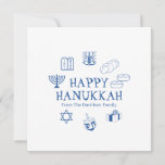 Happy Hanukkah blauwe, witte aangepaste familienaa<br><div class="desc">Happy Hanukkah,  pas het wenskaart van de familienaam aan. Happy Hanukkah,  Happy Chanukah,  Hanukkah Sameach!,  Chag Sameach!,  Chag Urim Sameach! Blauw en wit</div>