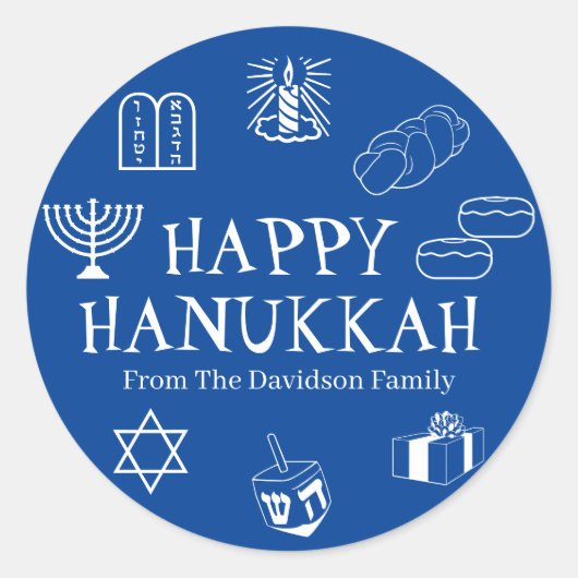 Happy Hanukkah blauwe, witte aangepaste tekst scha Ronde Sticker (Voorkant)