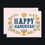 HAPPY HANUKKAH bloemenkrans Joods  Briefkaart<br><div class="desc">Hand getekende tekst en bloemen door mij voor u. Voeg uw eigen tekst toe aan de achterkant van het briefkaart of wijzig de achtergrondkleuren. Voor meer design en kleuren check mijn shop! Of laat het me weten als je iets op maat wilt. Vraag of je niet vindt wat je nodig...</div>