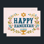 HAPPY HANUKKAH bloemenkrans Joods  Briefkaart<br><div class="desc">Hand getekende tekst en bloemen door mij voor u. Voeg uw eigen tekst toe aan de achterkant van het briefkaart of wijzig de achtergrondkleuren. Voor meer design en kleuren check mijn shop! Of laat het me weten als je iets op maat wilt. Vraag of je niet vindt wat je nodig...</div>