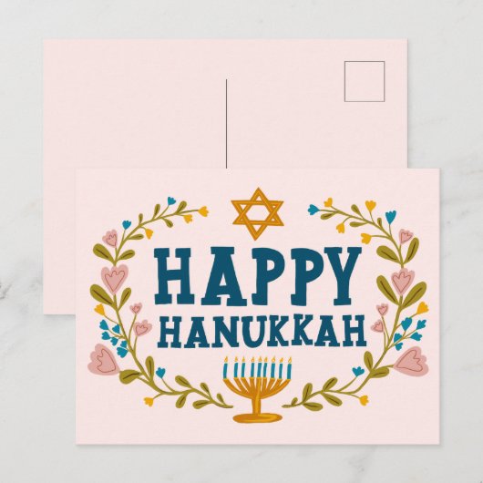 HAPPY HANUKKAH bloemenkrans Joods  Briefkaart (Voorkant / Achterkant)
