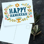 HAPPY HANUKKAH bloemenkrans Joods  Briefkaart<br><div class="desc">Hand getekende tekst en bloemen door mij voor u. Voeg uw eigen tekst toe aan de achterkant van het briefkaart of wijzig de achtergrondkleuren. Voor meer design en kleuren check mijn shop! Of laat het me weten als je iets op maat wilt. Vraag of je niet vindt wat je nodig...</div>