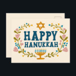 HAPPY HANUKKAH bloemenkrans Joods  Briefkaart<br><div class="desc">Hand getekende tekst en bloemen door mij voor u. Voeg uw eigen tekst toe aan de achterkant van het briefkaart of wijzig de achtergrondkleuren. Voor meer design en kleuren check mijn shop! Of laat het me weten als je iets op maat wilt. Vraag of je niet vindt wat je nodig...</div>