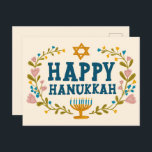 HAPPY HANUKKAH bloemenkrans Joods  Briefkaart<br><div class="desc">Hand getekende tekst en bloemen door mij voor u. Voeg uw eigen tekst toe aan de achterkant van het briefkaart of wijzig de achtergrondkleuren. Voor meer design en kleuren check mijn shop! Of laat het me weten als je iets op maat wilt. Vraag of je niet vindt wat je nodig...</div>