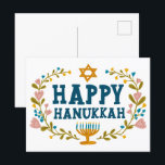 HAPPY HANUKKAH bloemenkrans Joods  Briefkaart<br><div class="desc">Hand getekende tekst en bloemen door mij voor u. Voeg uw eigen tekst toe aan de achterkant van het briefkaart of wijzig de achtergrondkleuren. Voor meer design en kleuren check mijn shop! Of laat het me weten als je iets op maat wilt. Vraag of je niet vindt wat je nodig...</div>