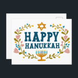 HAPPY HANUKKAH bloemenkrans Joods  Briefkaart<br><div class="desc">Hand getekende tekst en bloemen door mij voor u. Voeg uw eigen tekst toe aan de achterkant van het briefkaart of wijzig de achtergrondkleuren. Voor meer design en kleuren check mijn shop! Of laat het me weten als je iets op maat wilt. Vraag of je niet vindt wat je nodig...</div>