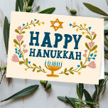 HAPPY HANUKKAH bloemenkrans Joods  Kaart<br><div class="desc">Hand getekende tekst en bloemen door mij voor u. Voeg je eigen tekst toe aan de binnenkant van de kaart of wijzig de achtergrondkleuren. Voor meer design en kleuren check mijn shop! Of laat het me weten als je iets op maat wilt. Vraag of je niet vindt wat je nodig...</div>