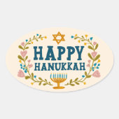 HAPPY HANUKKAH bloemenkrans Joodse feestdag Ovale Sticker (Voorkant)