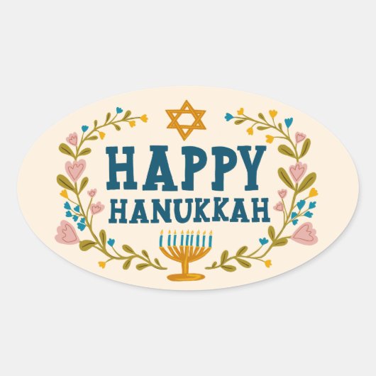 HAPPY HANUKKAH bloemenkrans Joodse feestdag Ovale Sticker (Voorkant)