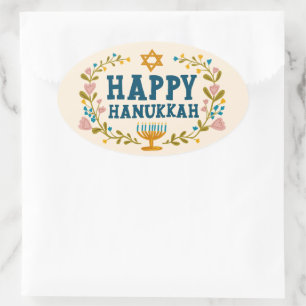 HAPPY HANUKKAH bloemenkrans Joodse feestdag Ovale Sticker