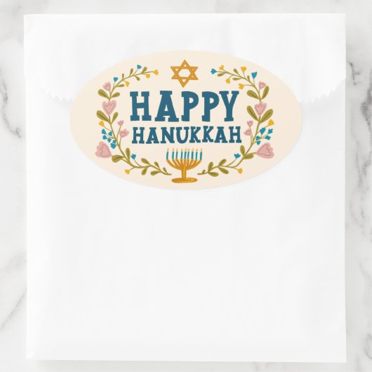 HAPPY HANUKKAH bloemenkrans Joodse feestdag Ovale Sticker (Tas)