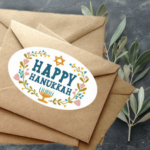 HAPPY HANUKKAH bloemenkrans Joodse feestdag Ovale Sticker